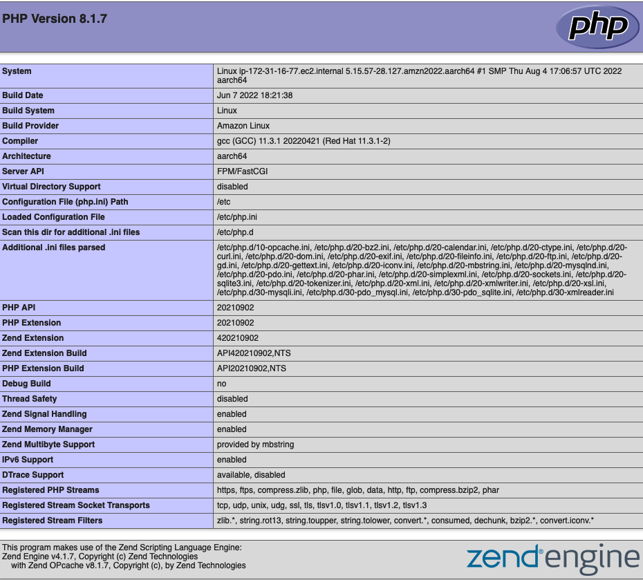 LAMP サーバーのテストでは、PHP 情報ページが表示されます。