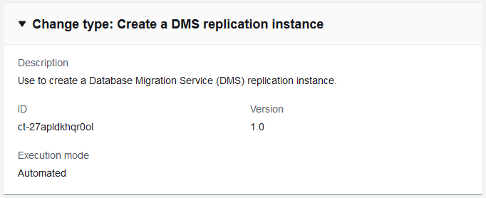 Database Migration Service (DMS) replication instance creation details with ID and version.