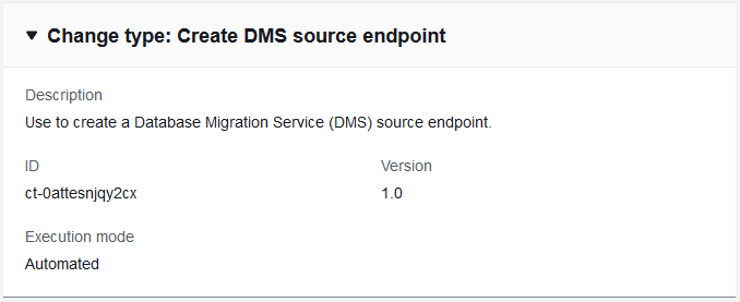 変更 type details for creating a DMS source endpoint, including ID and version.