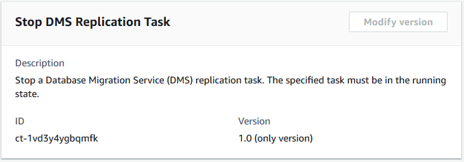 Database Migration Service replication task details showing ID and version information.