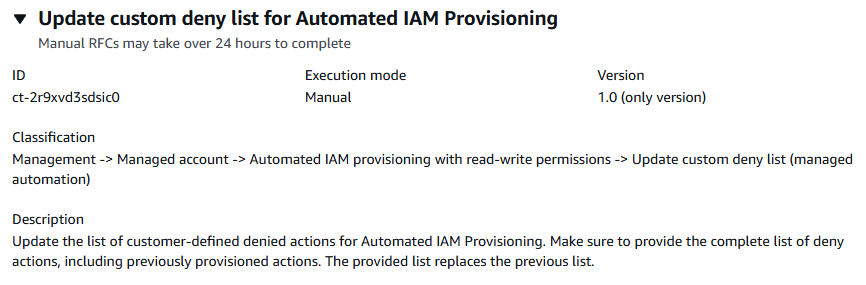 Form for updating custom deny list in Automated IAM Provisioning, showing ID and classification details.