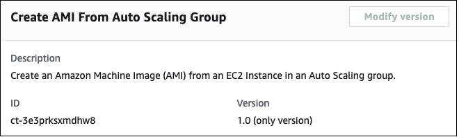 Console interface showing "Create AMI From Amazon EC2 Auto Scaling Group" with description and version details.