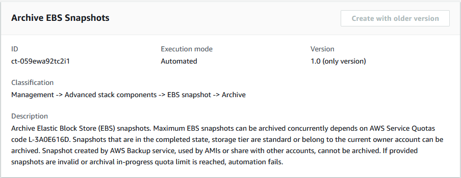 Archive EBS Snapshots interface showing ID, execution mode, version, and description details.