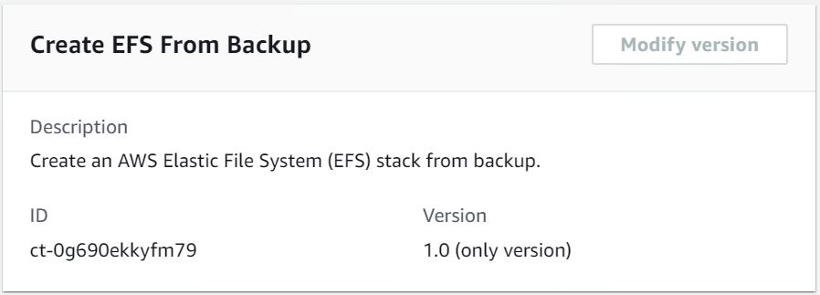 AWS console interface showing details for creating an EFS stack from backup.