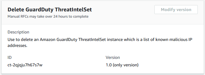 Delete GuardDuty ThreatIntelSet interface showing description, ID, and version details.