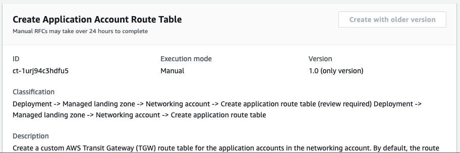 Create Application Account Route Table interface showing ID, execution mode, version, and classification details.