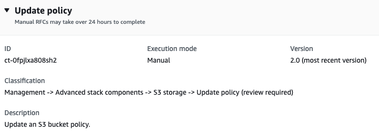 Update policy details for an S3 bucket, showing ID, execution mode, and classification.