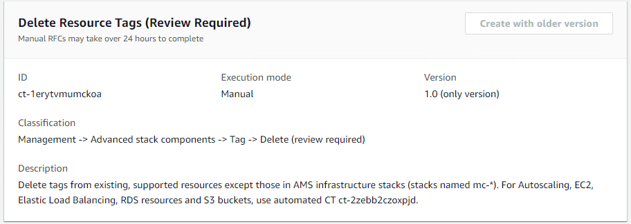 Delete Resource Tags interface showing details for a manual change type in AWS.