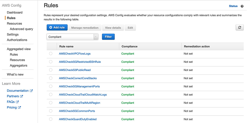 AWS Config ルール dashboard showing compliant status for multiple security-related rules.