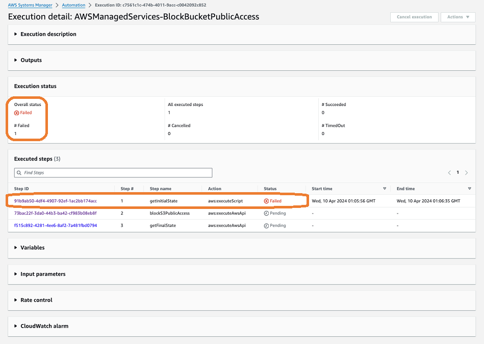 選択したオートメーションを示す Systems Manager コンソールの例。