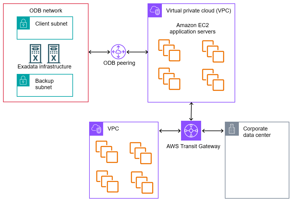 トランジットゲートウェイに接続されている VPC とピア接続された ODB ネットワークを表示します。ゲートウェイは VPC とオンプレミスネットワークに接続されます。