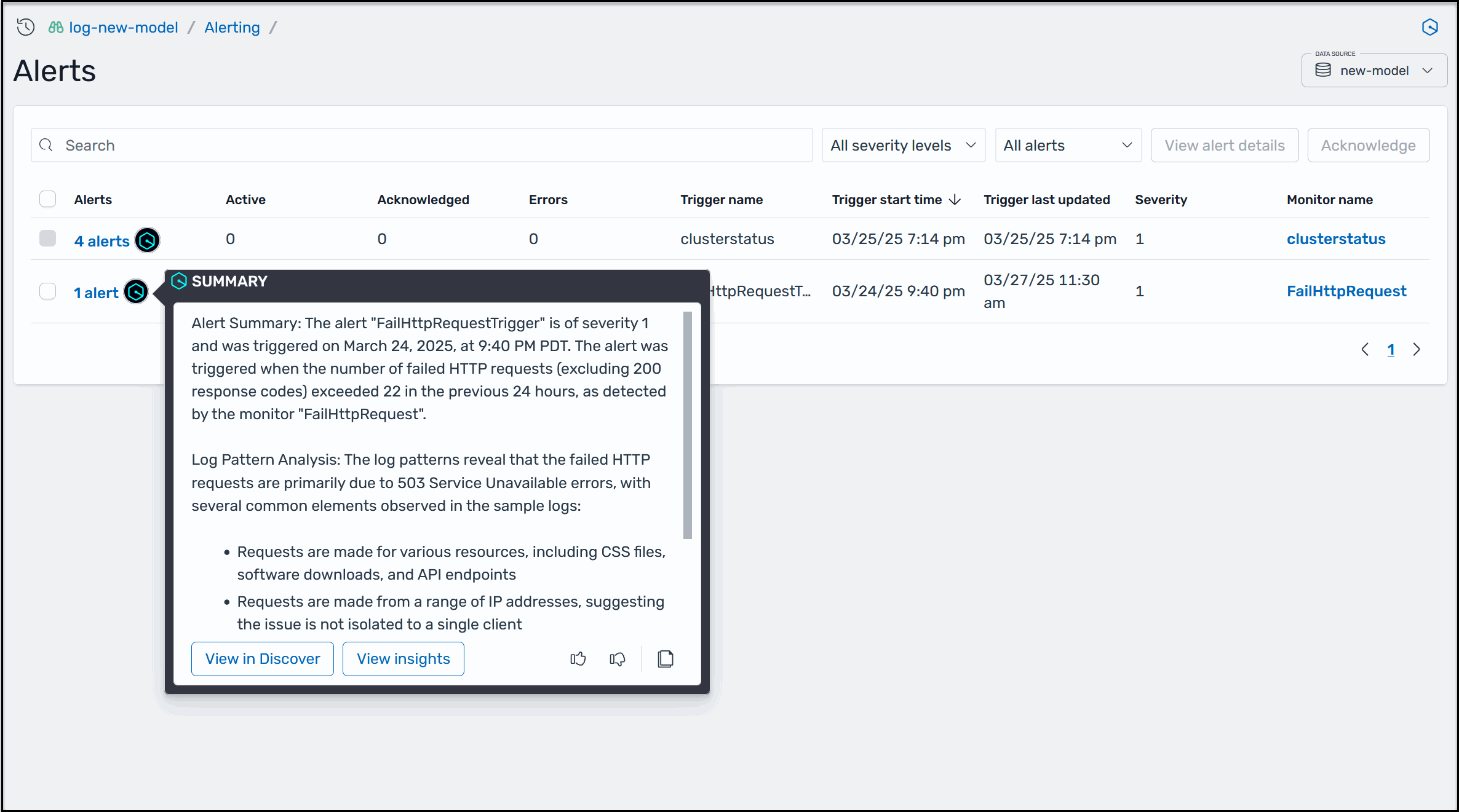 OpenSearch Service での Amazon Q Developer アラートの概要の例。