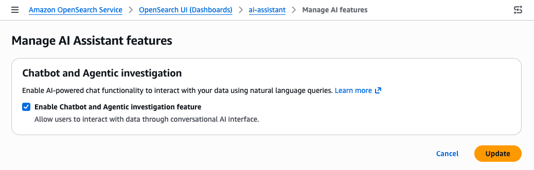 コンソールの AI Assistant 機能の管理ページには、チャットボットとエージェントの調査機能の有効化チェックボックスと更新ボタンが表示されます。