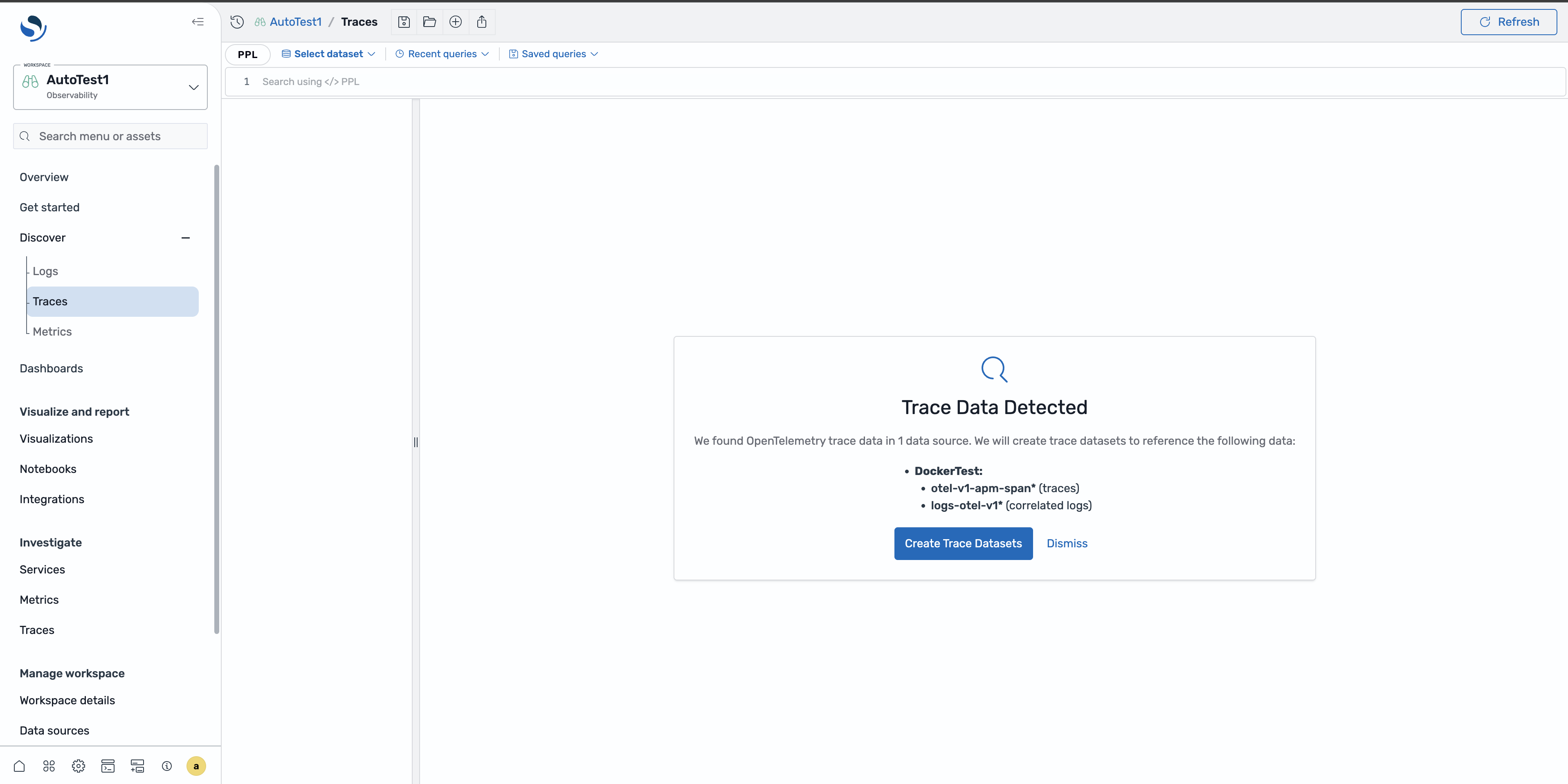 otel-v1-apm-span トレースが検出された DockerTest のトレースデータセットを作成するように求めるダイアログボックス。