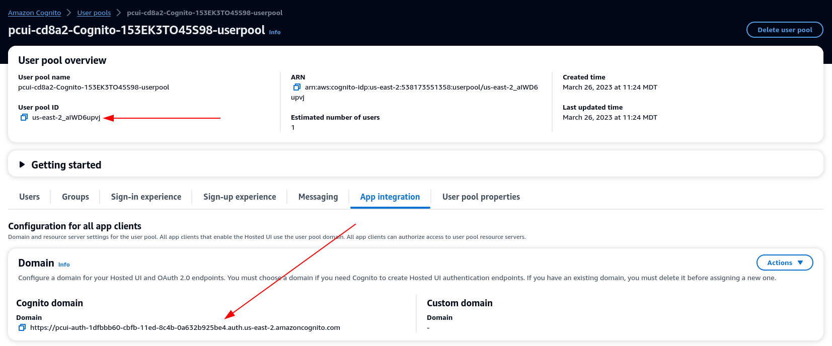 アプリ統合タブで Cognito ドメインを強調表示するスクリーンショット