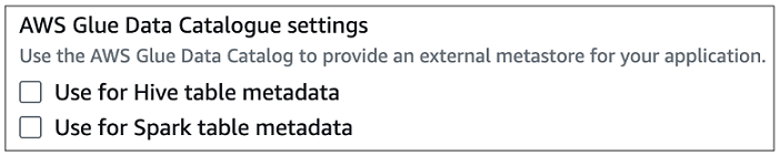 AWS Glue Data Catalog Hive または Spark メタデータを使用しない 設定