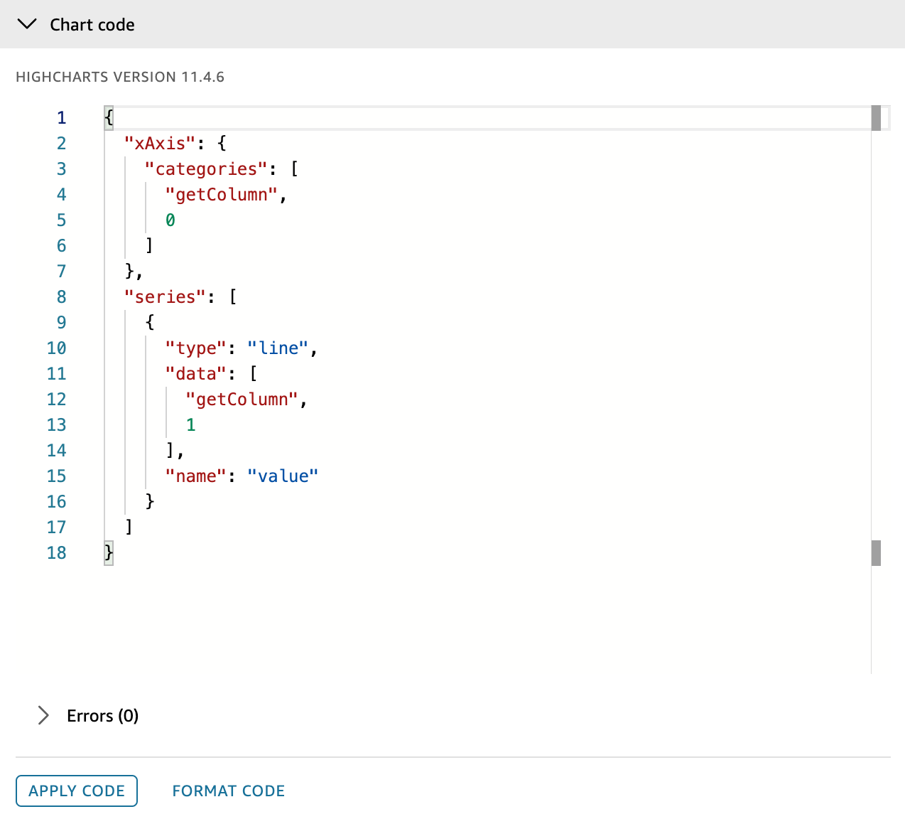 JSON configuration for a Highcharts line chart with x-axis categories and series data.