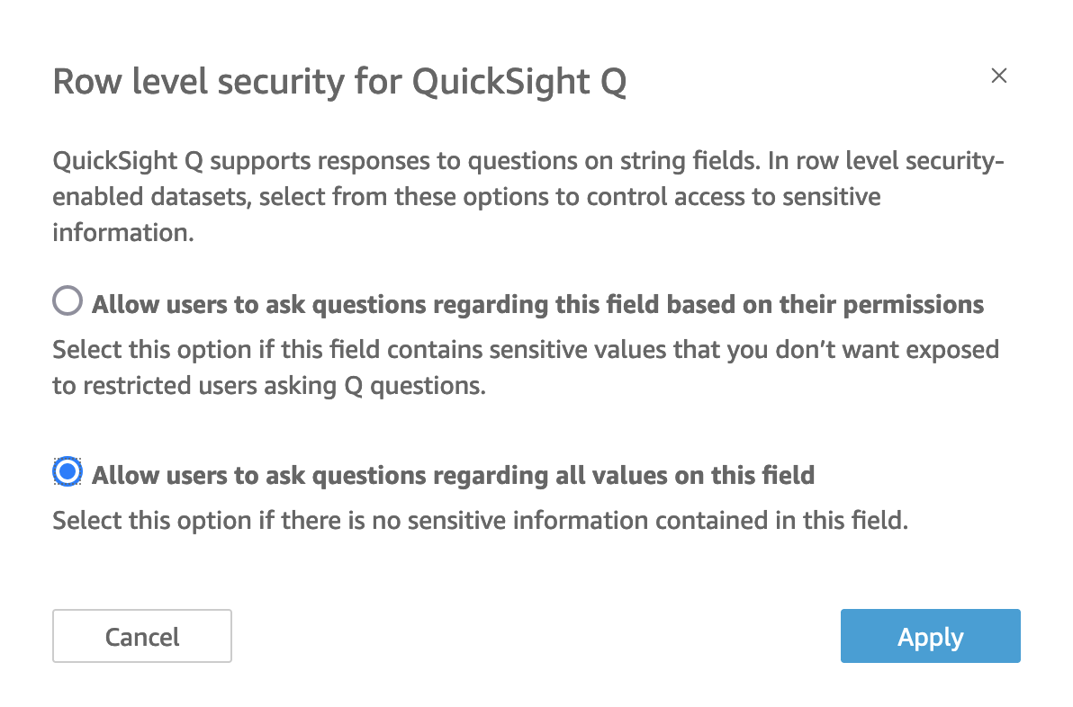 QuickSight Q の行レベルのセキュリティのメニューページ画像。