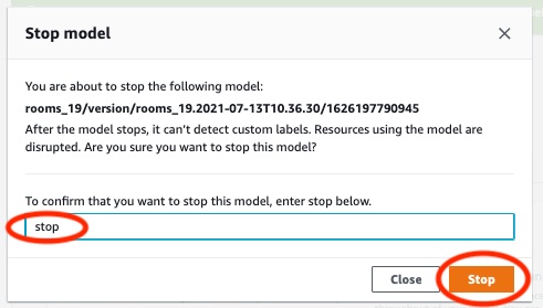 「stop」と入力された入力フィールドと、モデルの停止を確認するための [停止] ボタン。