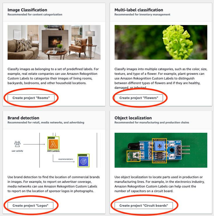 Amazon Rekognition サービスでの画像分類 (Rooms)、マルチラベル分類 (Flowers)、ブランド検出 (Logos)、オブジェクトの位置特定 (Circuit boards) の [プロジェクトを作成] ボタンの例。