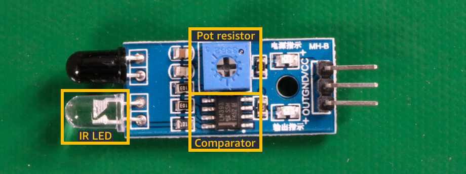 回路基板上の赤外線 LED、可変抵抗器、コンパレータチップを示す部品画像。