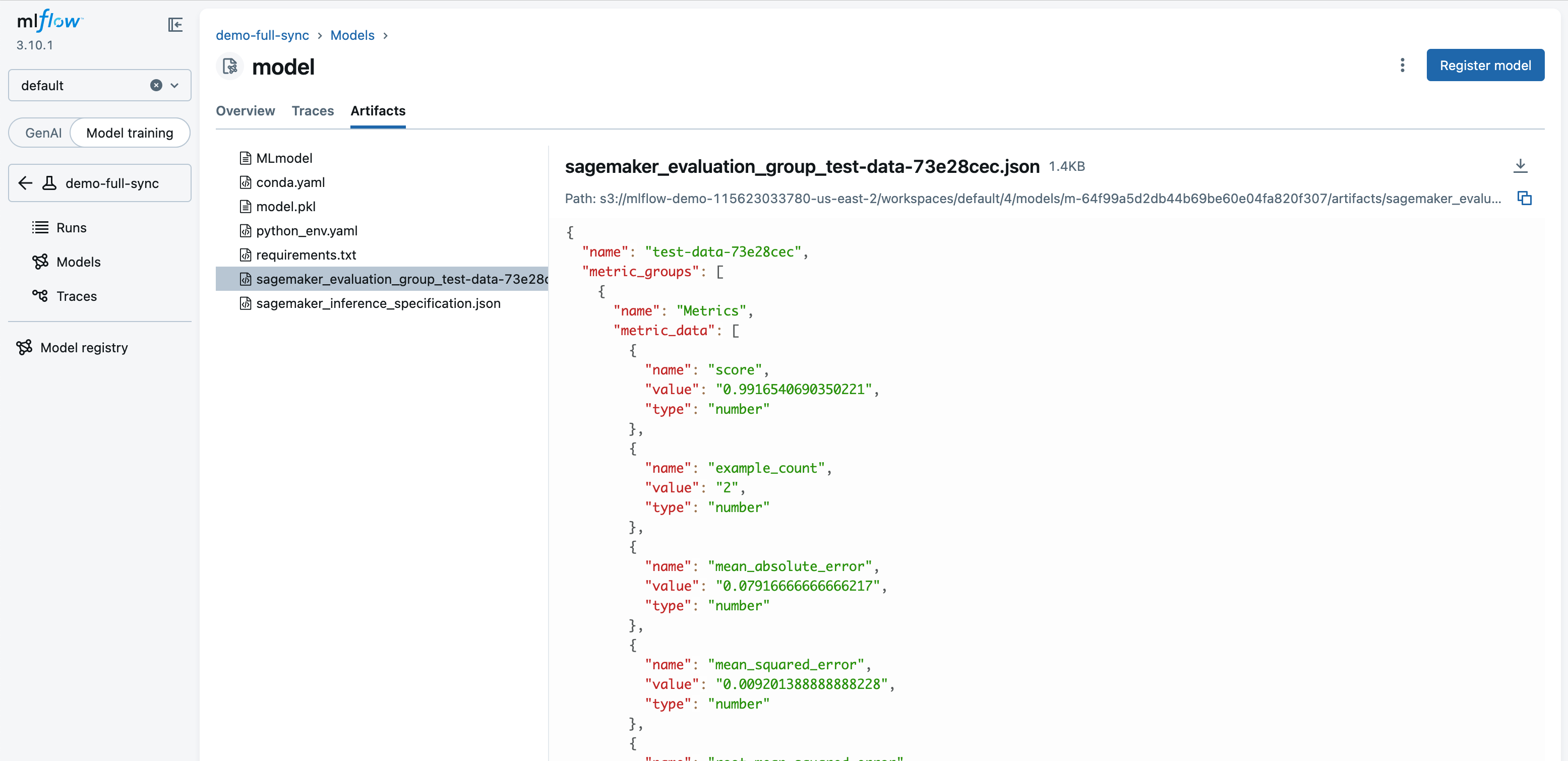 MLflow UI の評価グループアーティファクト。