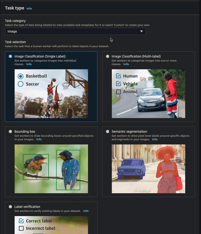SageMaker AI コンソールで動画フレームオブジェクト追跡ジョブを作成する方法を示す GIF。