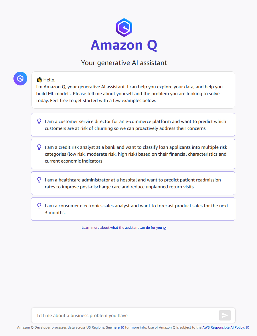 新しいチャットの開始時に Q Developer から提供される挨拶。