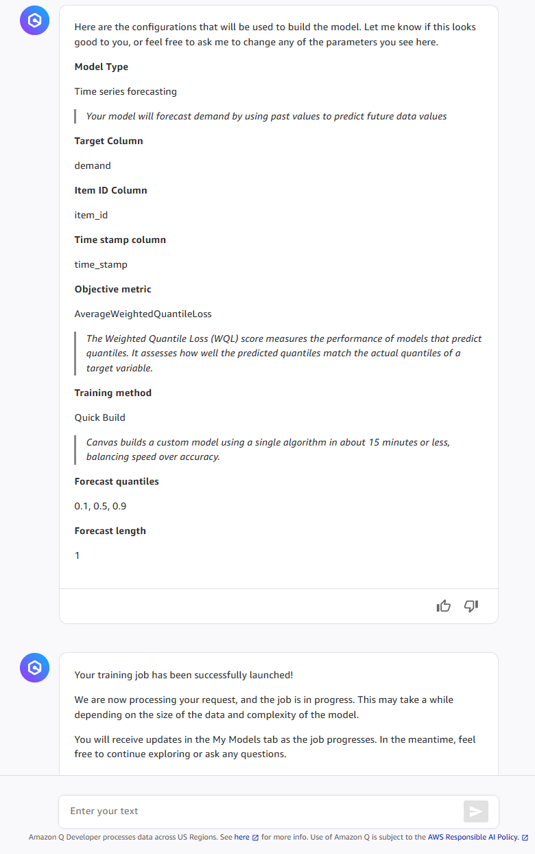 ユーザーが Canvas モデルビルドの開始を求める Q Developer との会話。