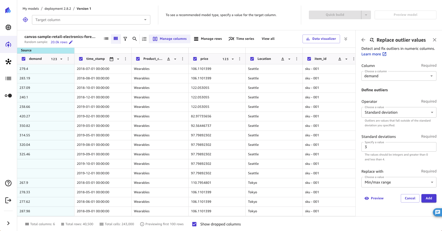 SageMaker Canvas アプリケーションの外れ値の置換のスクリーンショット。