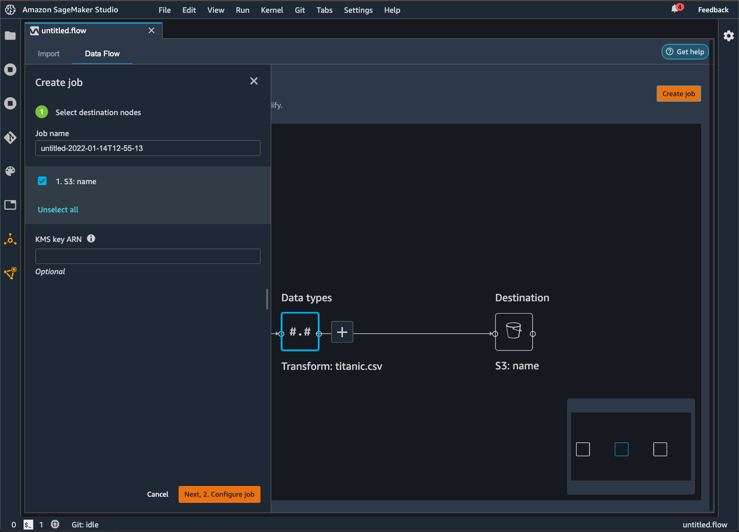 Data Wrangler コンソールのデータフローの [ジョブを作成] ペインの例