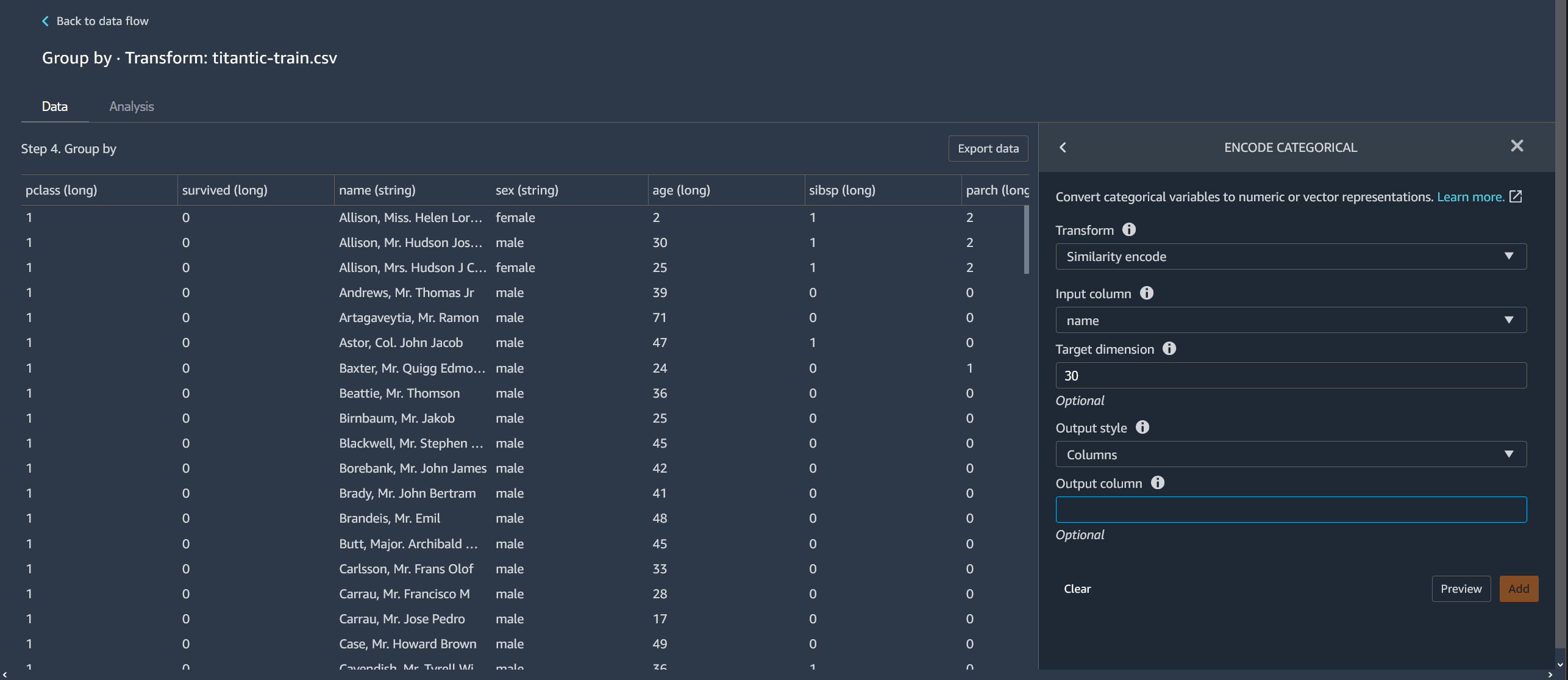Data Wrangler コンソールでテーブルに [ENCODE CATEGORICAL] を使用する例
