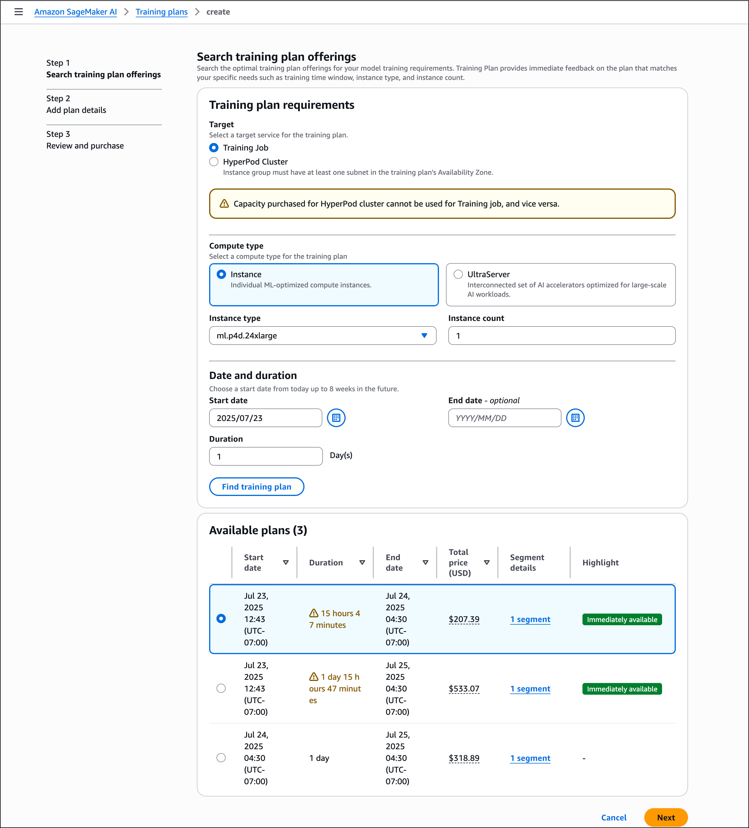 SageMaker AI コンソールには、プラン要件の入力フィールドを含むトレーニングプラン提供の検索ページが表示され、利用可能なプランセクションには、期間、料金、可用性ステータスが異なる 3 つの見つかったプランの詳細が表示されます。
