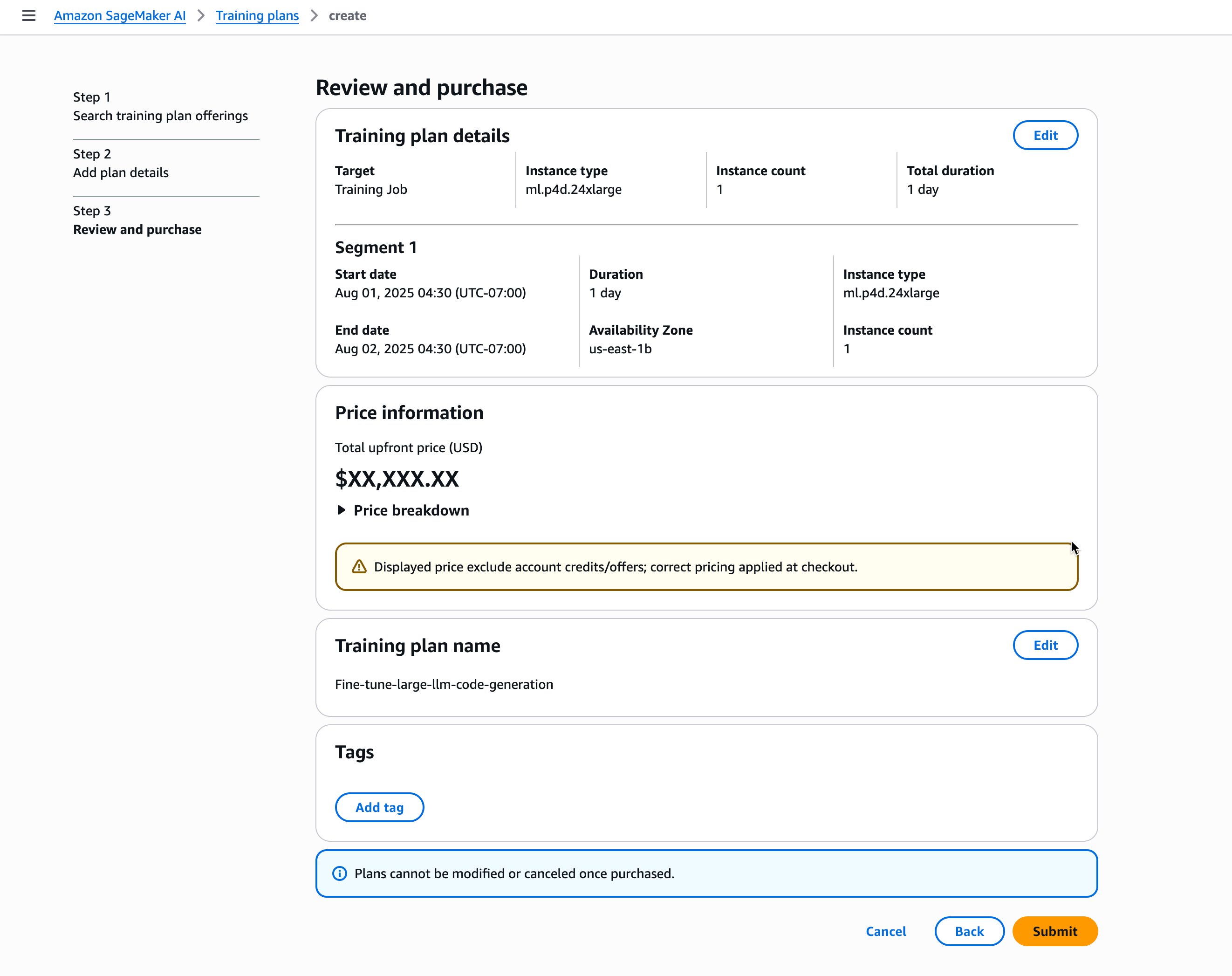 トレーニングプランの「レビューと購入」ページを示す SageMaker AI コンソール。このページには、トレーニングプランの詳細、セグメント情報、料金、プラン名、タグが表示されます。プランを編集、キャンセル、戻る、または作成するオプションを使用できます。