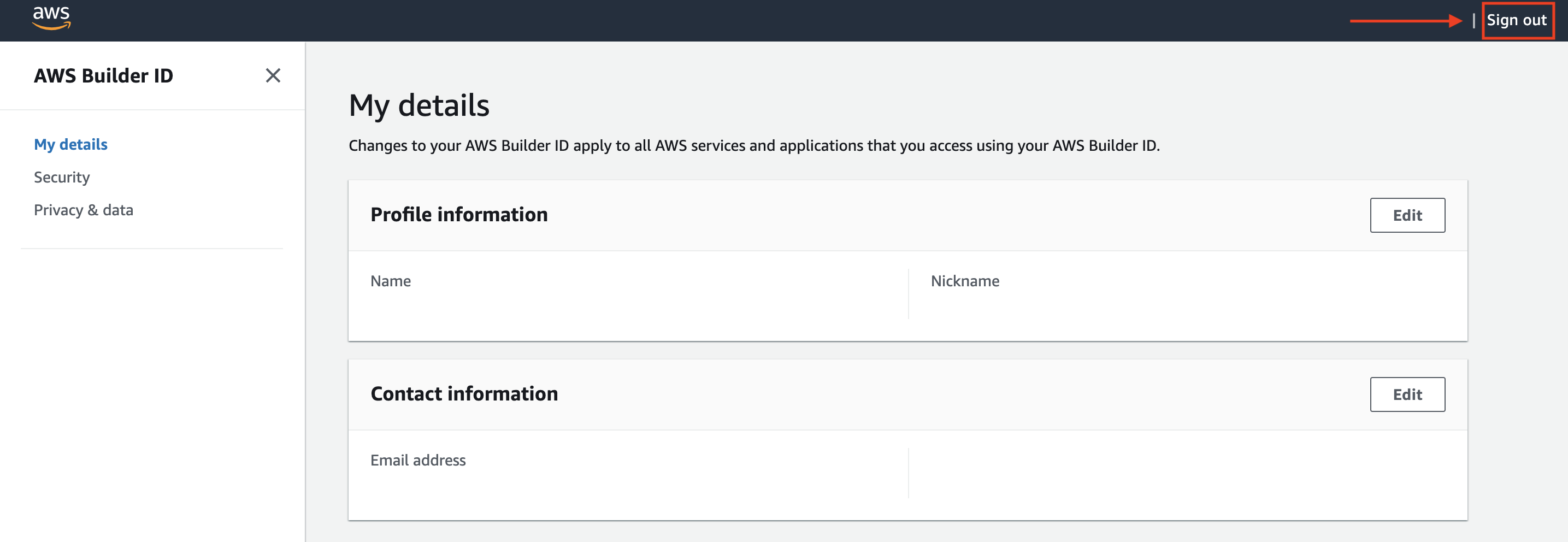 AWS 右上隅にサインアウトをハイライト表示するビルダー ID プロファイルページ。