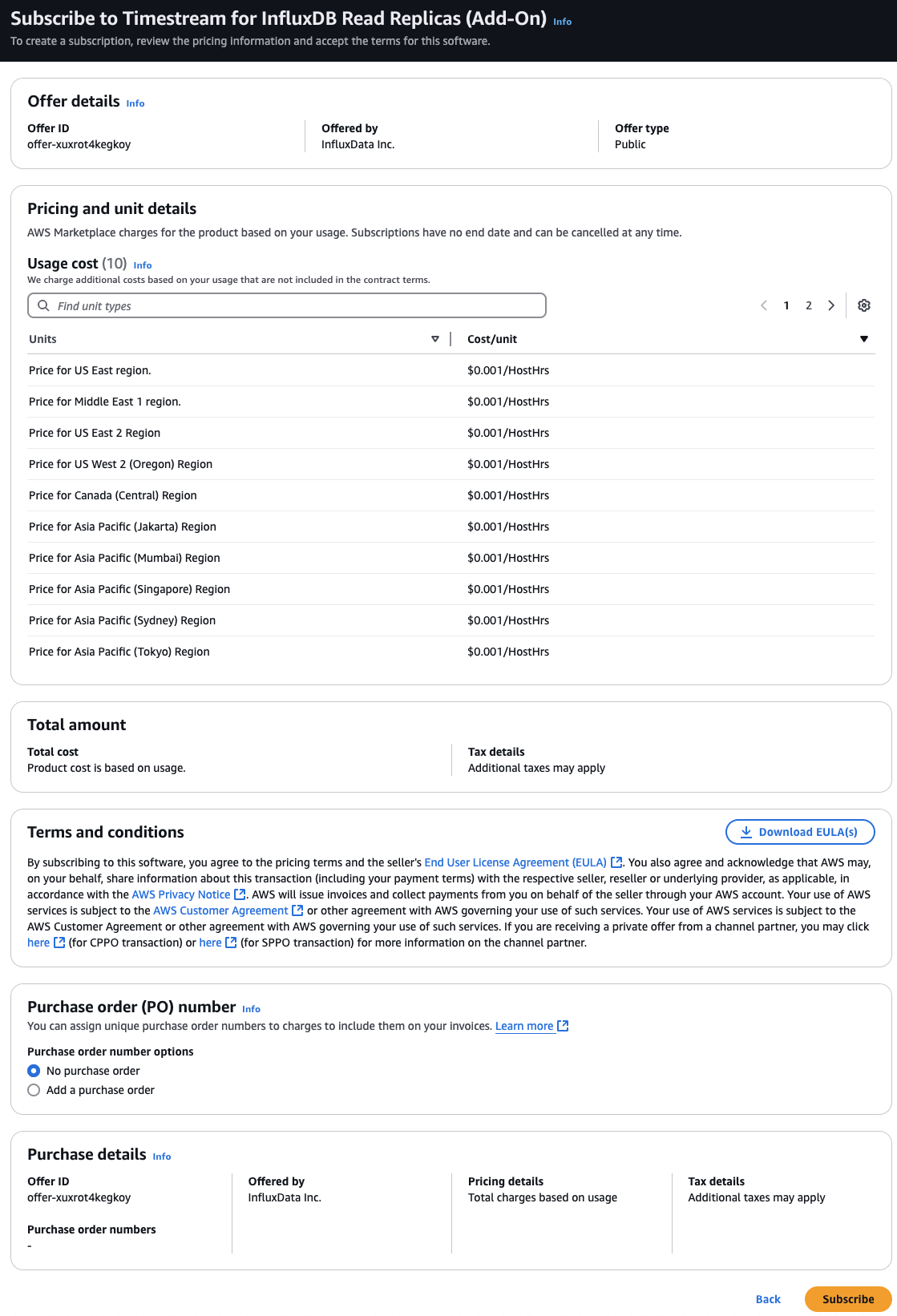 InfluxDB リードレプリカアドオンの Timestream のオファーと料金の詳細。