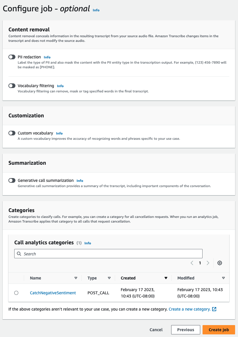 Amazon Transcribe コンソールのスクリーンショット:「Call Analytics jobs」ページ。