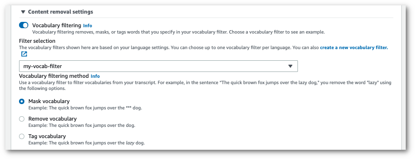 Amazon Transcribe コンソールのスクリーンショット: 展開された「コンテンツの削除設定」ペイン。