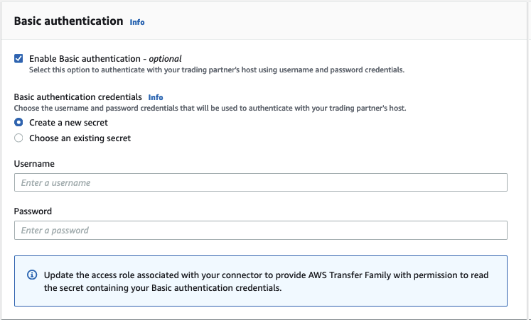 AWS Transfer Family コンソールのコネクタの作成ページ。選択した新しいシークレットの作成で基本認証セクションを表示します。