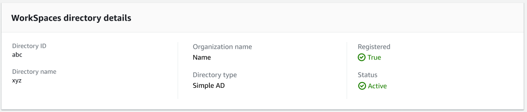 WorkSpaces directory details showing ID, name, organization, type, registration, and status.