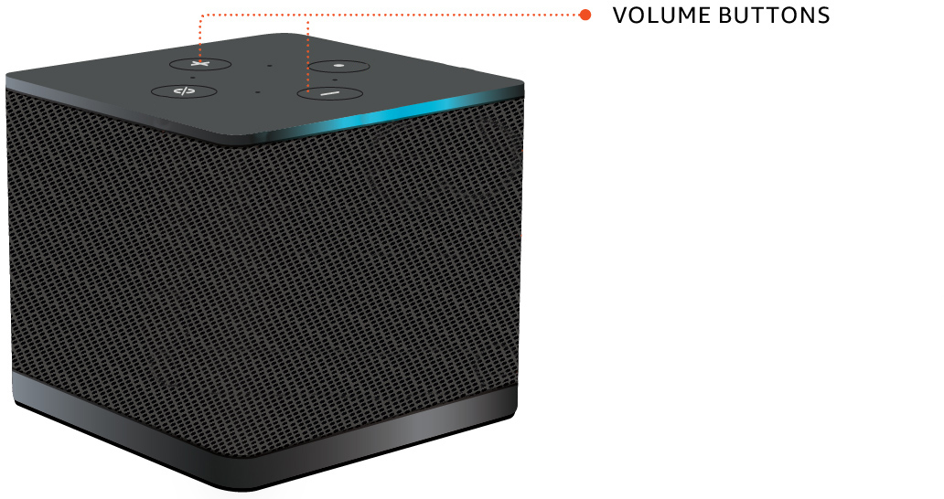 Smart speaker device with volume buttons on top and a blue light strip.