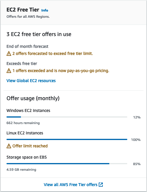 EC2 대시보드의 EC2 프리 티어 상자