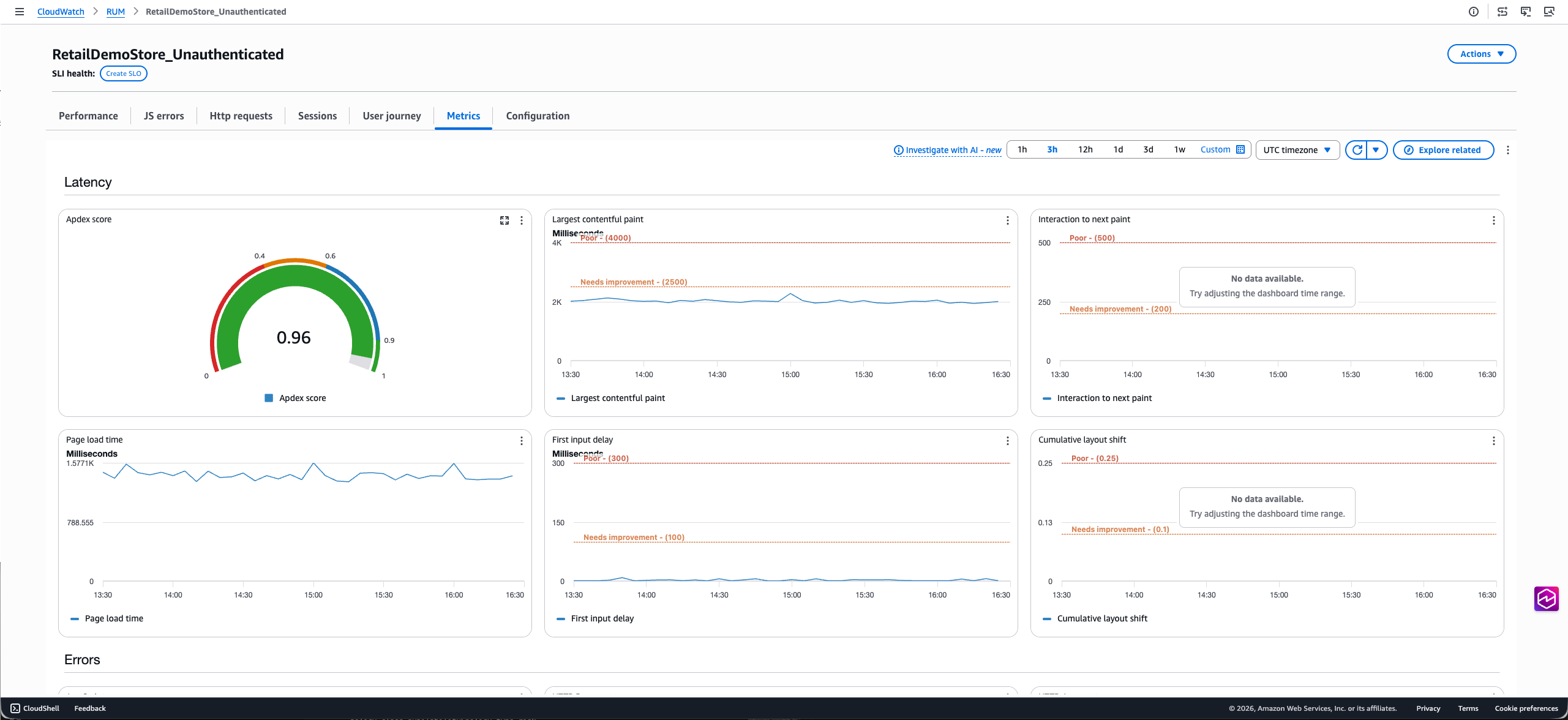 앱 모니터에서 게시한 기본 및 확장 CloudWatch 지표를 보여주는 지표 탭