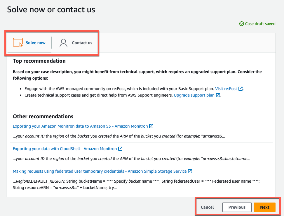 지원 options interface with "Solve now" and "Contact us" buttons, and recommendations.