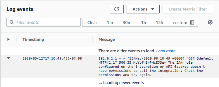Lambda의 통합 오류 메시지를 보여주는 CloudWatch Logs 로그 항목입니다.