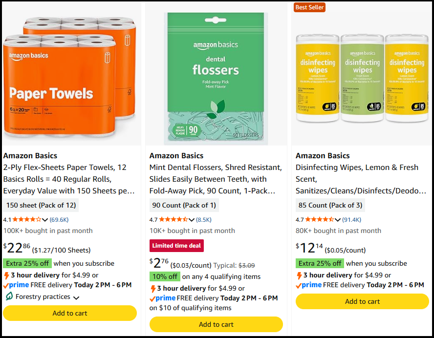 각 제품 아래에 'add-to-cart' 버튼이 표시된 Amazon.com 제품 3개의 이미지입니다.