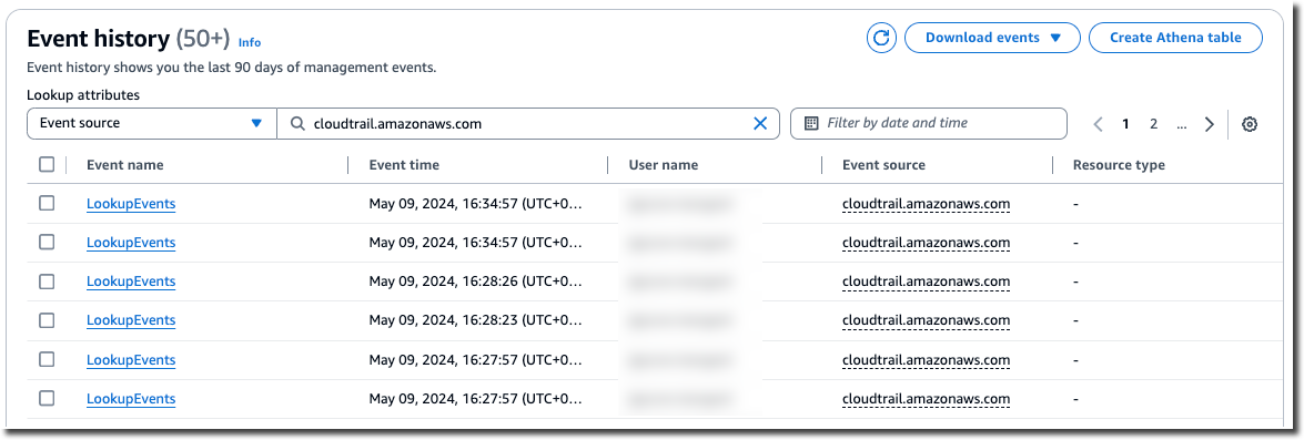 특정 이벤트 소스에서 필터링된 CloudTrail 이벤트 기록 페이지