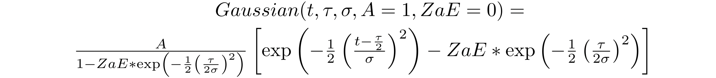 파라미터 t, tau, 시그마, A=1, ZaE=0이 있는 가우시안 함수를 보여주는 수학 방정식입니다.
