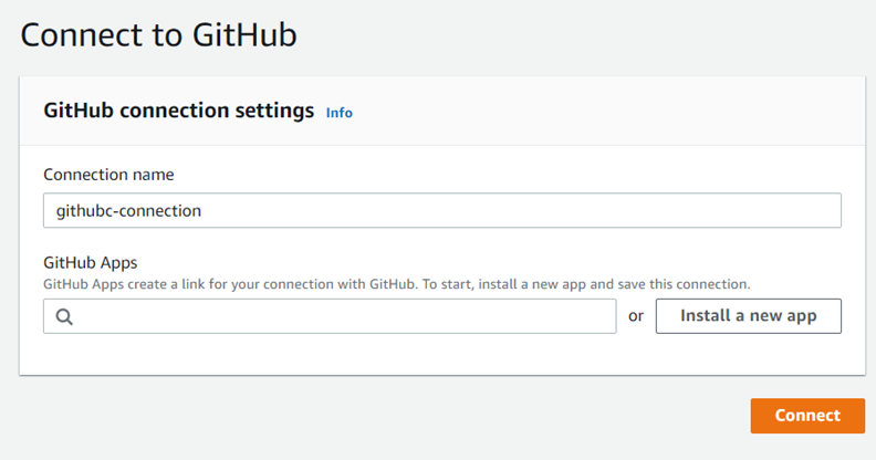 GitHub 앱 필드가 있는 초기 GitHub 연결 페이지를 보여주는 콘솔 스크린샷입니다.