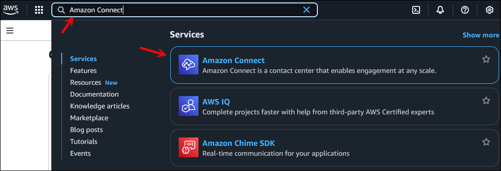 AWS Management Console, Amazon Connect 서비스.